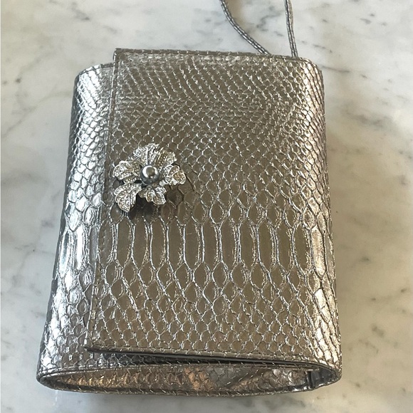 Neiman Marcus Silver Snake-embossed Wristlet, rhinestone & faux pearl accent